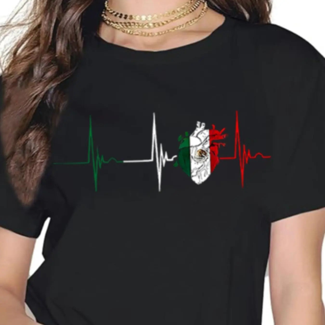 Women's Mexican Flag Heartbeat Print Round Neck Tee, Casual Short Sleeve T-shirt for Fall & Winter, Women's Top for Daily...