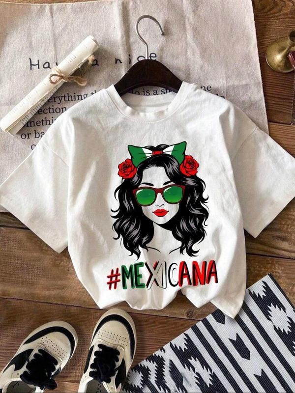 Women's Mexicana Letter & Girl Print Round Neck Tee, Casual Short Sleeve Crew Neck T-Shirt for Daily Wear, Ladies Clothes...