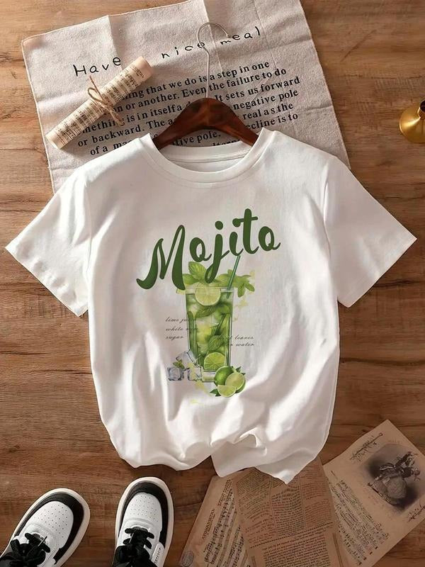 Women's Mojito Print Round Neck Tee, Casual Short Sleeve Crew Neck T-Shirt for Summer, Fashion Women's Top for Daily Wear...