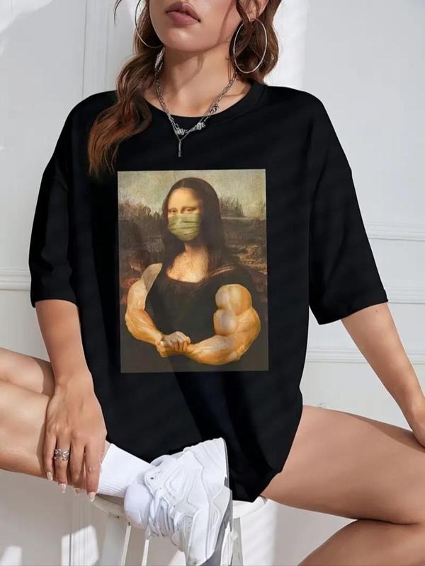 Women's Mona Lisa Print Round Neck Graphic Tee, Vintage Trendy Casual Drop Shoulder Short Sleeve T-shirt for Daily Wear,...