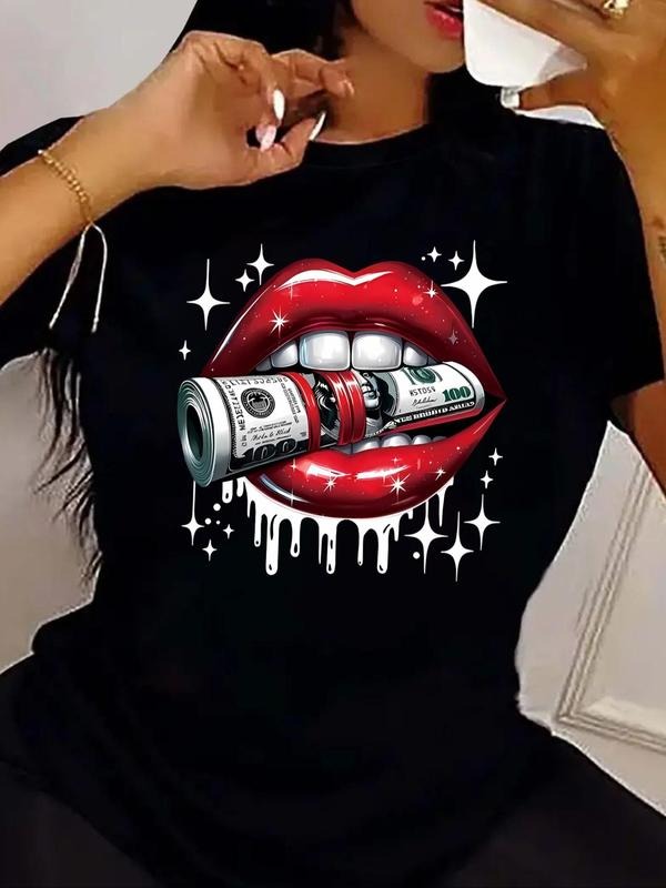 Women's Money & Lip Print Round Neck Tee, Fashion Casual Crew Neck Short Sleeve T-shirt for Daily Holiday Vacation...