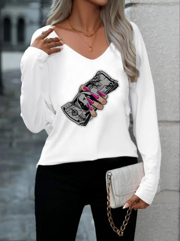 Women's Money Print V Neck Tee, Fashion Casual Long Sleeve T-Shirt for Daily Outdoor Wear, Ladies Fall & Winter Clothes...