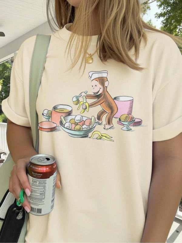Monkey & Banana Print Round Neck Vintage Casual Short Sleeve Daily Summer Top T-Shirts, Hoodie, Sweatshirt