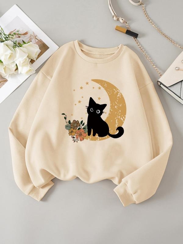 Women's Moon & Cat Print Drop Shoulder Sweatshirt, Casual Fashion Long-Sleeve Crew Neck Pullover for Daily Wear, Ladies...