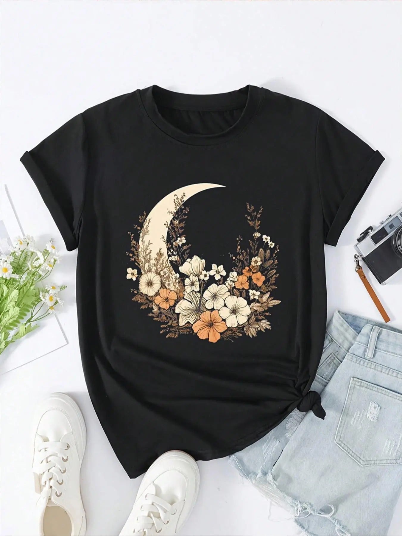 Women's Moon & Floral Graphic Round Neck Graphic Tee, Vintage Trendy Casual Short Sleeve T-shirt For Daily Wear, Ladies...