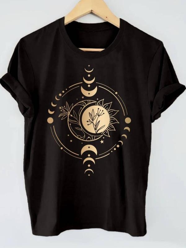 Women's Moon & Floral Print Round Neck Graphic Tee, Vintage Trendy Casual Short Sleeve T-shirt for Daily Wear, Ladies...