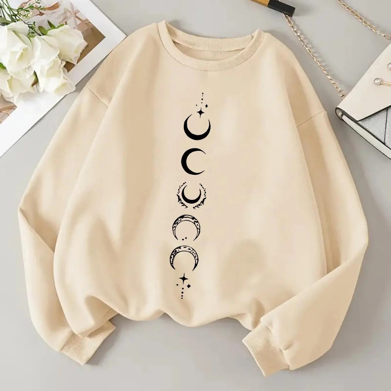 Women's Moon & Star Print Drop Shoulder Sweatshirt, Casual Long Sleeve Round Neck Pullover for Daily Wear, Ladies Clothes...