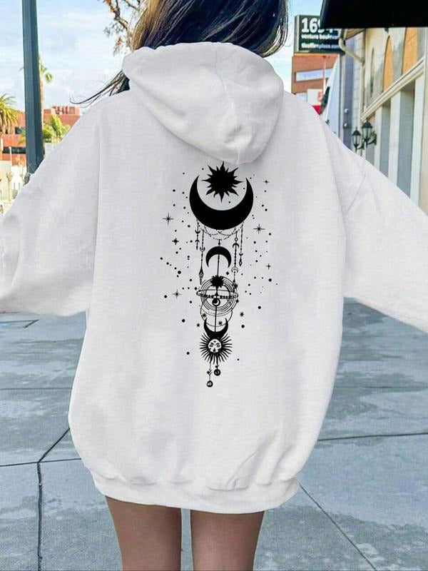 Women's Moon & Sun Print Drop Shoulder Hoodie, Fashion Casual Drawstring Pocket Hooded Sweatshirt for Daily Holiday...