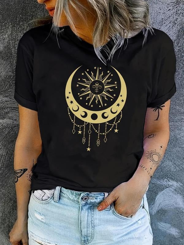 Women's Moon & Sun Print Round Neck  Tee, Vintage Trendy Casual Short Sleeve T-shirt for Daily Wear, Ladies All Seasons...