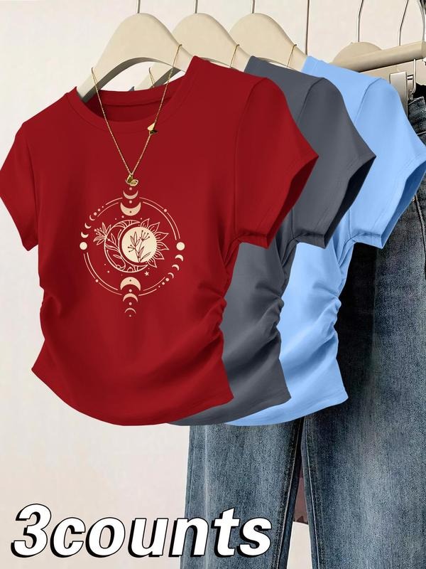 Moon & Sun Print Round Neck Casual Short Sleeve Daily Clothes All Seasons Top T-Shirts, Hoodie, Sweatshirt