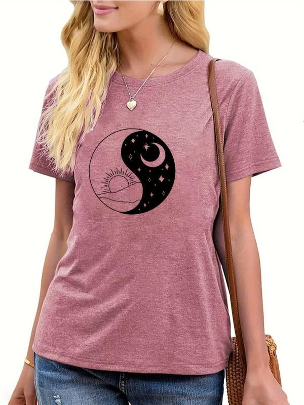 Women's Moon & Sun Print Round Neck Tee, Stylish Casual Short Sleeve Crew Neck T-Shirt for Daily Wear, Ladies All Seasons...