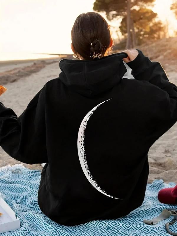 Women's Moon Print Drawstring Pocket Hoodie, Casual Drop Shoulder Long Sleeve Hooded Sweatshirt, Ladies Fall & Winter...