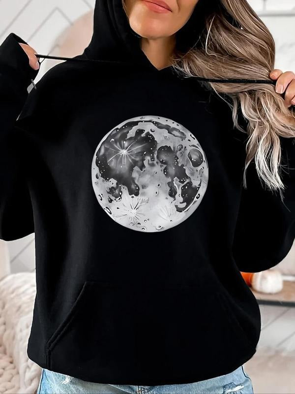 Women's Moon Print Drawstring Pocket Hoodie, Casual Drop Shoulder Long Sleeve Hooded Sweatshirt, Lady Fall & Winter...