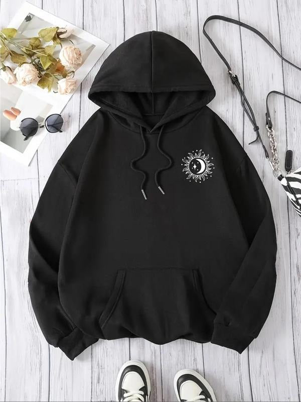 Women's Moon Print Drop Shoulder Hoodie, Fashion Casual Drawstring Hooded Sweatshirt for Daily Holiday Outdoor Wear,...