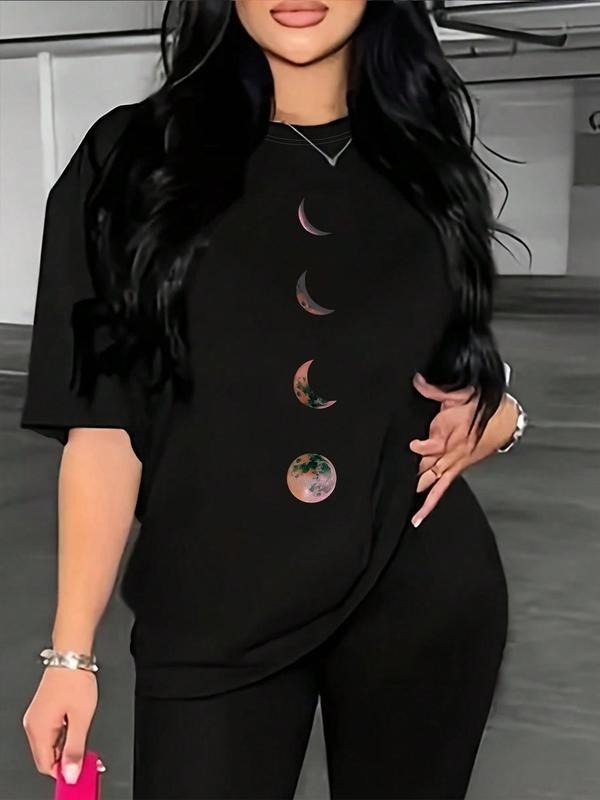 Women's Moon Print Round Neck Tee, Casual Half Sleeve Crew Neck T-shirt for Daily Wear, Ladies Clothes for All Seasons...