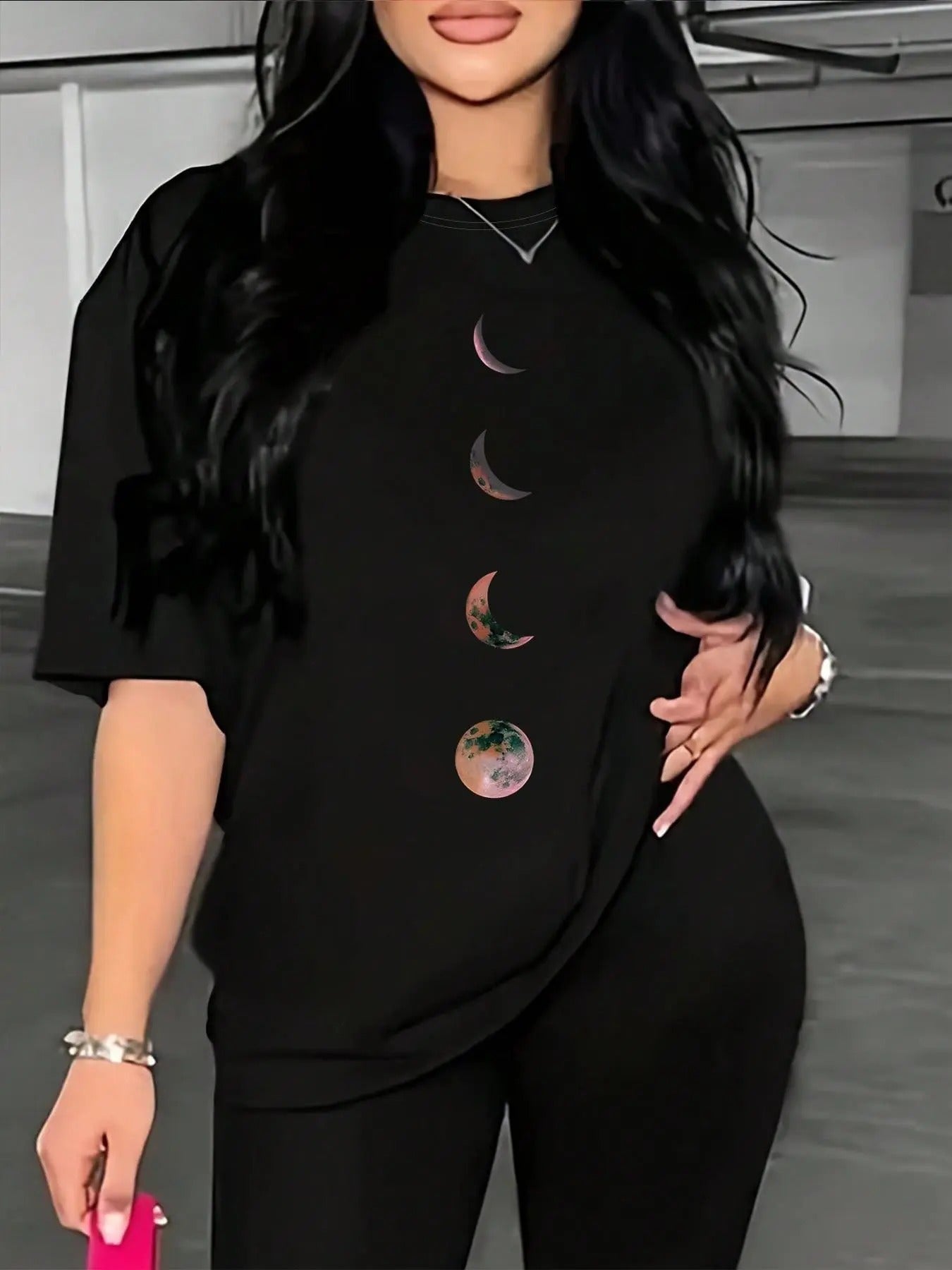 Moon Print Round Neck Casual Half Sleeve Crew Neck Daily Clothes All Seasons Womenswear T-Shirts, Hoodie, Sweatshirt