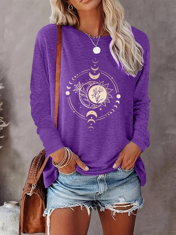Moon Print Round Neck Casual Long Sleeve Crew Neck Fall & Winter Top Daily T-Shirts, Hoodie, Sweatshirt