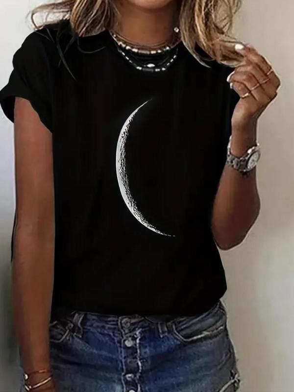 Women's Moon Print Round Neck Tee, Casual Short Sleeve Crew Neck T-Shirt for Summer, Fashion Women's Top for Daily Wear...