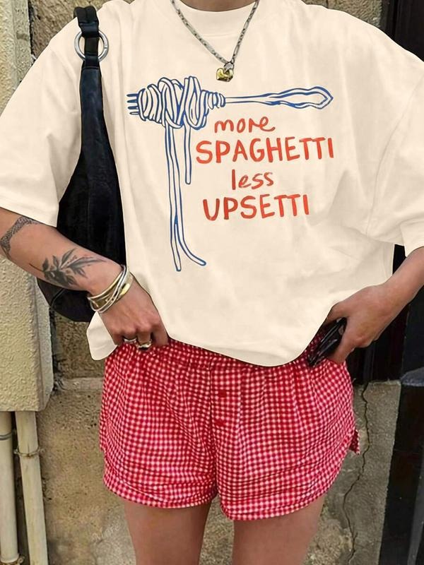 Women's More Spaghetti Letter Print Round Neck Tee, Vintage Trendy Casual Short Sleeve T-shirt for Daily Wear, Ladies...
