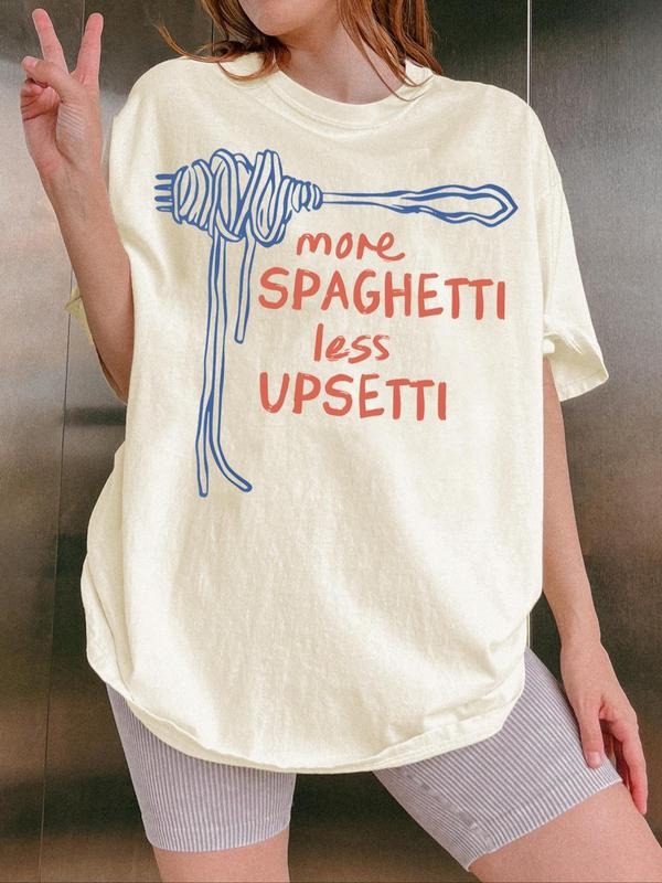 Women's More Spaghetti Print Round Neck Tee, Casual Short Sleeve Crew Neck T-shirt for Summer, Fashion Women's Top for...