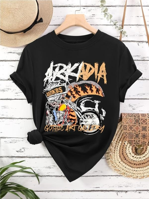 Women's Motorcycle & Letter Print Round Neck Graphic Tee, Vintage Trendy Casual Short Sleeve T-shirt for Daily Wear,...