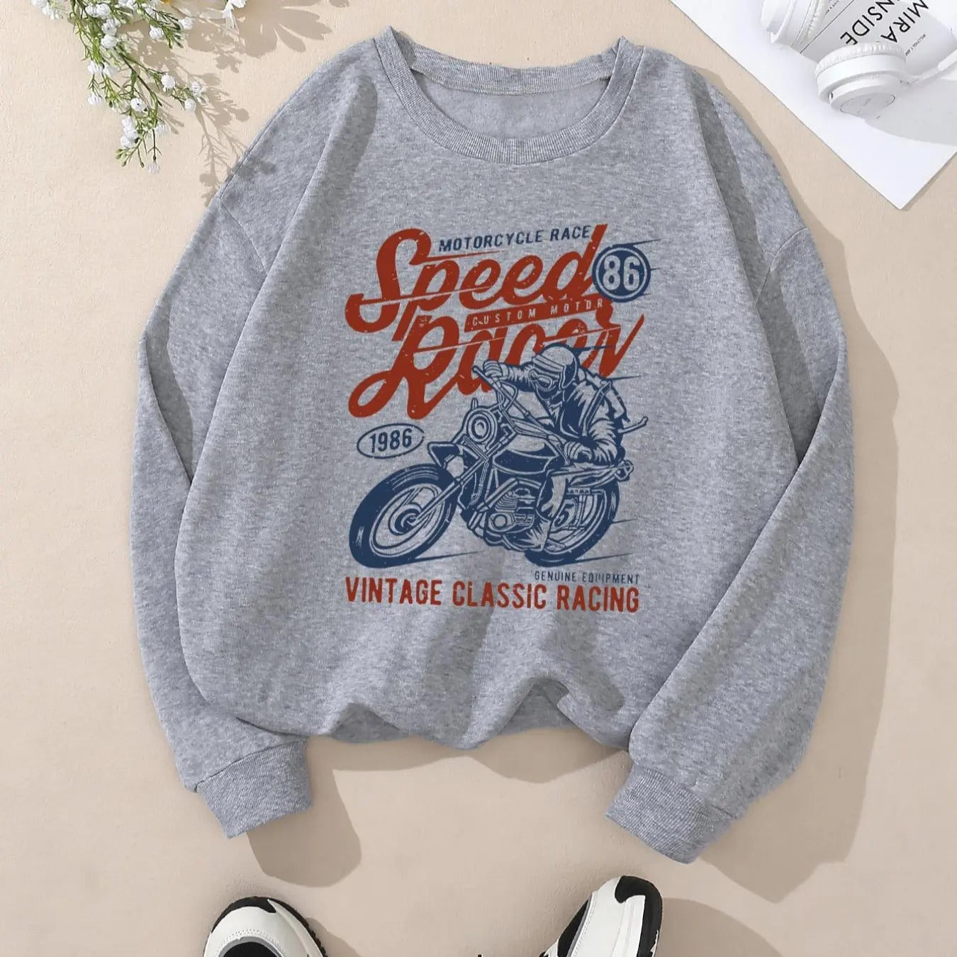 Women's Motorcycle & Letter Print Round Neck Sweatshirt, Casual Long Sleeve Crew Neck Pullover for Fall & Winter, Women's...