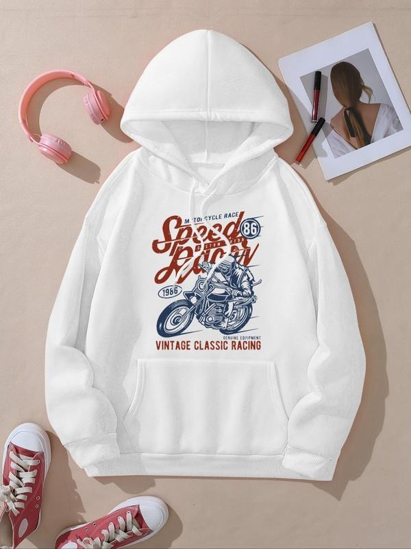 Women's Motorcycle Print Drop Shoulder Hoodie, Fashion Casual Drawstring Pocket Hooded Sweatshirt for Daily Holiday...