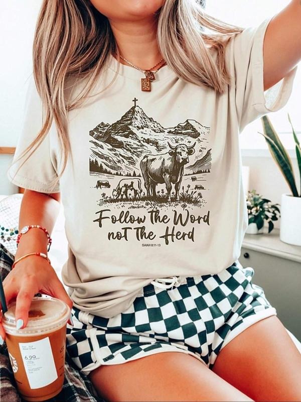 Women's Mountain & Cattle Print Round Neck Tee, Vintage Trendy Casual Short Sleeve T-shirt for Daily Wear, Ladies Summer,...