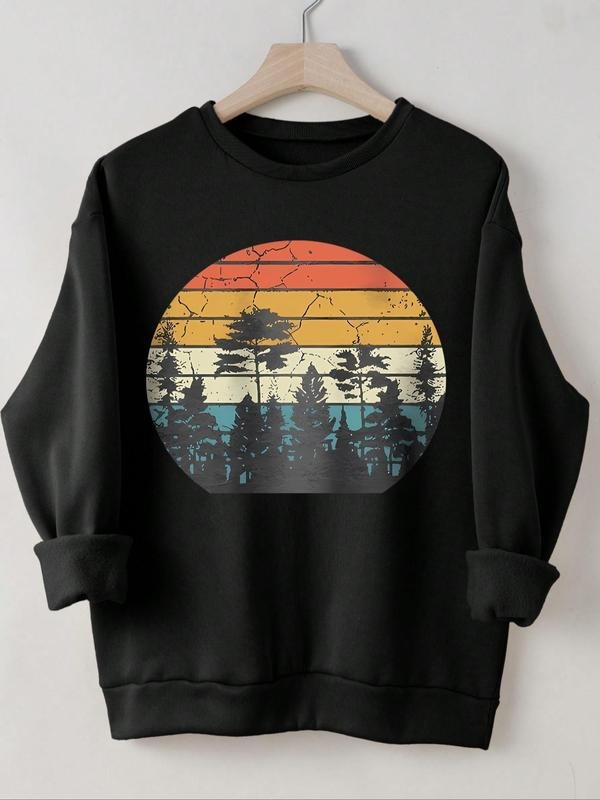 Women's Mountain & Forest Graphic Print Drop Shoulder Sweatshirt, Casual Long Sleeve Round Neck Pullover for Fall &...