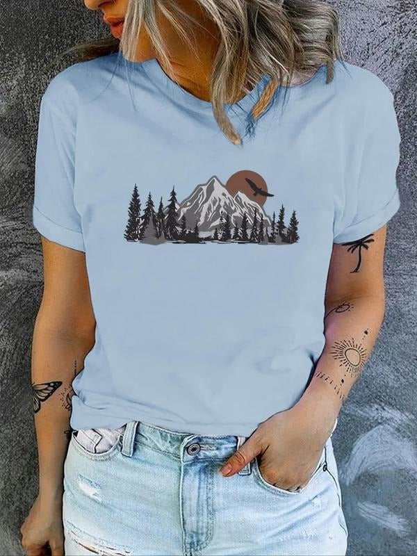 Women's Mountain & Landscape Print Round Neck Tee, Casual Cartoon Print Short Sleeve T-Shirt for Summer, Ladies Clothes...