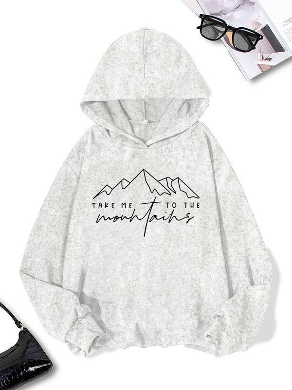Women's Mountain & Letter Print Drop Shoulder Hoodie, Fashion Casual Long Sleeve Hooded Sweatshirt for Daily Holiday...