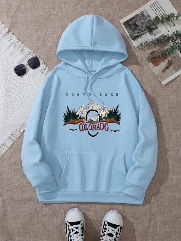 Women's Mountain & Letter Print Drop Shoulder Hoodie, Stylish Drawstring Pocket Hooded Sweatshirt for Daily Holiday...