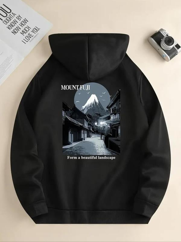 Women's Mountain & Letter Print Drop Shoulder Long Sleeve  Hoodie, Fashion Casual Drawstring Pocket Hooded Sweatshirt for...