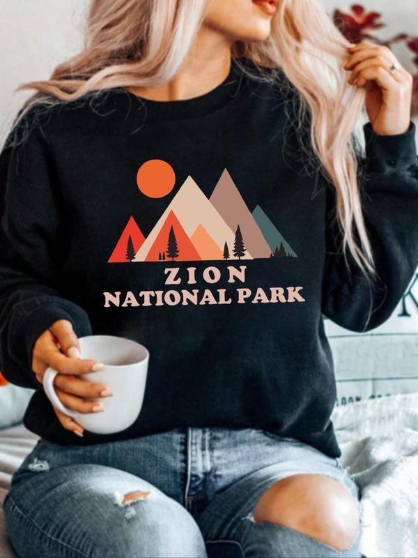 Women's Mountain & Letter Print Drop Shoulder Sweatshirt, Casual Long Sleeve Round Neck Pullover for Fall & Winter,...