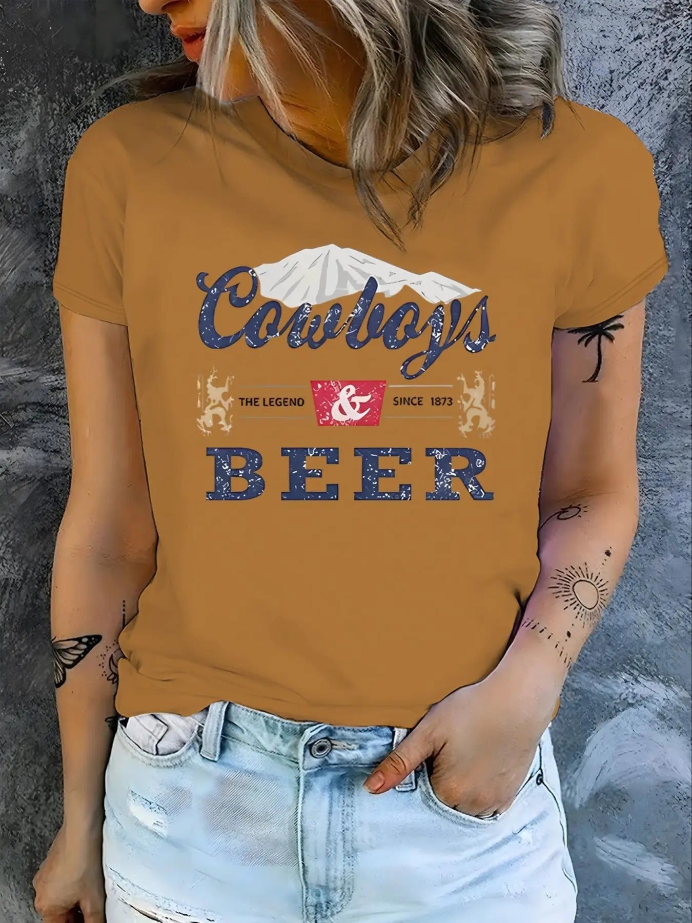 Women's Mountain & Letter Print Round Neck Graphic Tee, Vintage Trendy Casual Short Sleeve T-shirt for Daily Wear, Ladies...