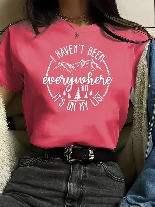 Women's Mountain & Letter Print Round Neck Tee, Casual Short Sleeve Crew Neck T-Shirt for Summer, Fashion Women's Top for...