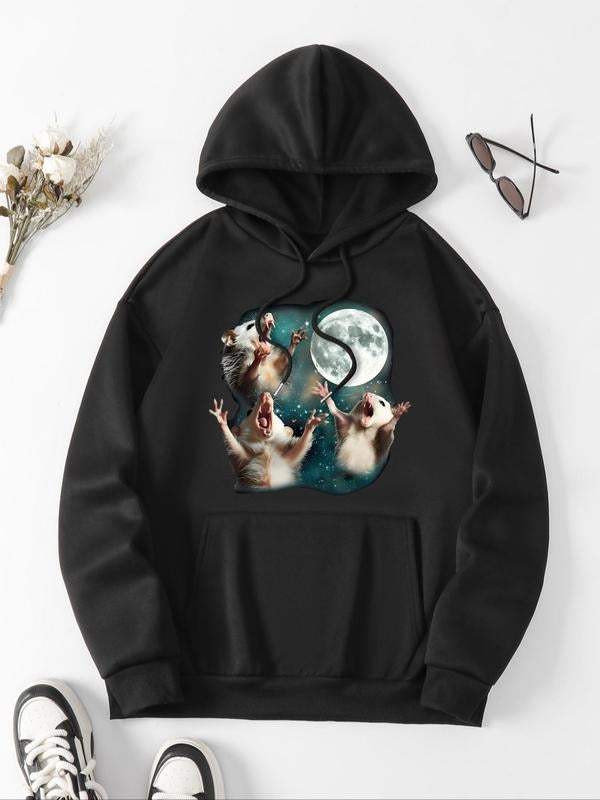 Women's Mouse & Moon Print Drop Shoulder Hoodie, Fashion Casual Drawstring Pocket Hooded Sweatshirt for Daily Holiday...