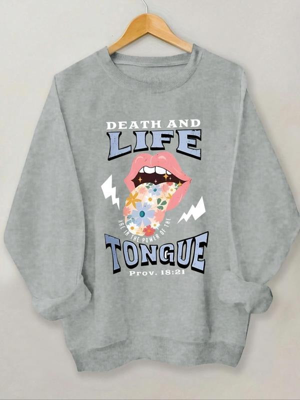 Women's Mouth & Letter Print Drop Shoulder Sweatshirt, Casual Long Sleeve Round Neck Pullover for Fall & Winter, Women's...