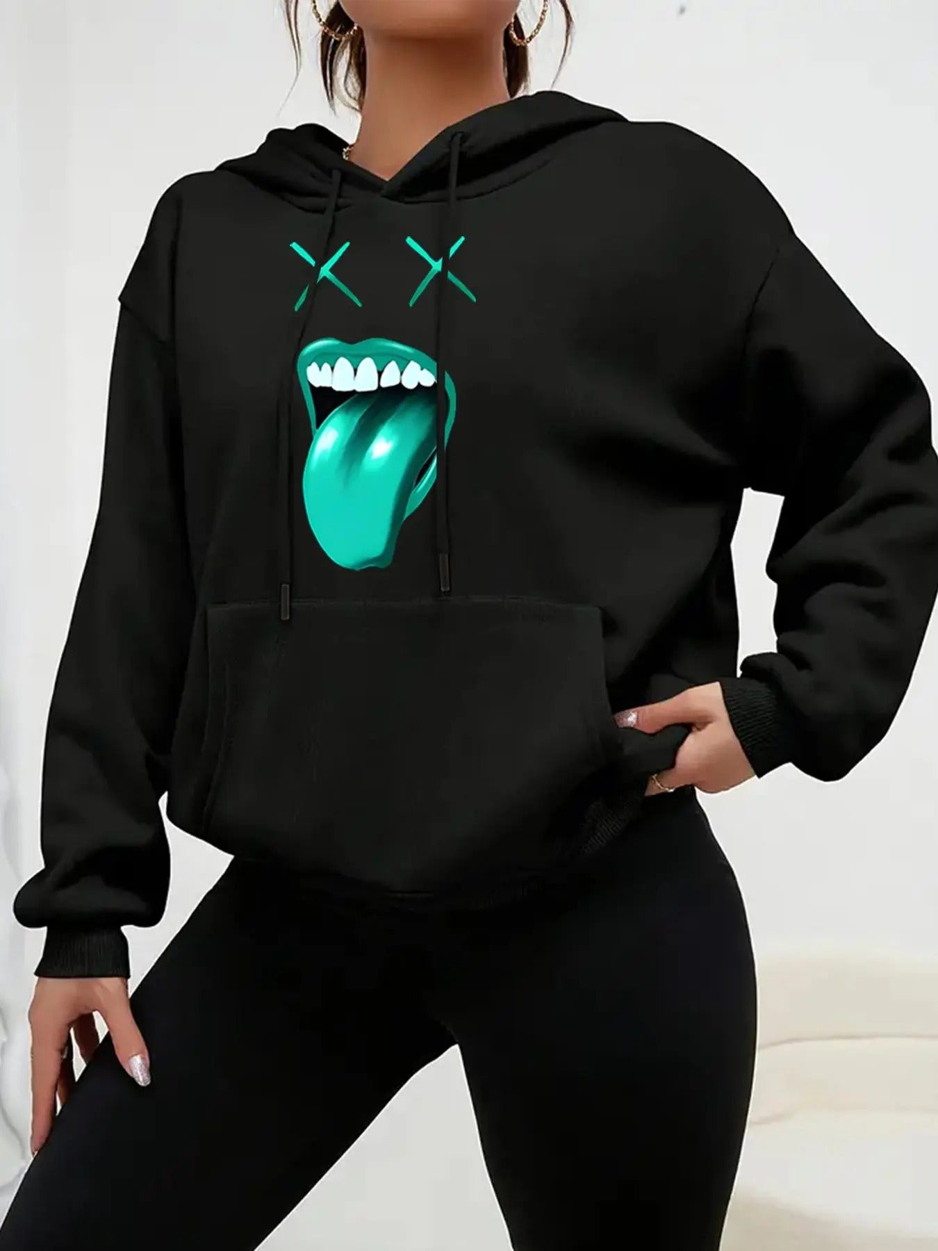 Women's Mouth Graphic Drop Shoulder Hoodie, Fashion Casual Drawstring Pocket Hooded Sweatshirt for Daily Holiday Outdoor...