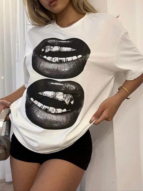 Women's Mouth Print Drop Shoulder Tee, Casual Short Sleeve Round Neck T-shirt for Summer, Fashion Women's Top for Daily...