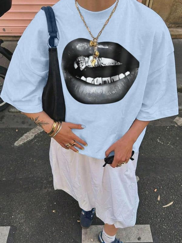 Women's Mouth Print Round Neck Tee, Fashion Casual Crew Neck T-Shirt for Daily Holiday Vacation Outdoor Wear, Ladies...