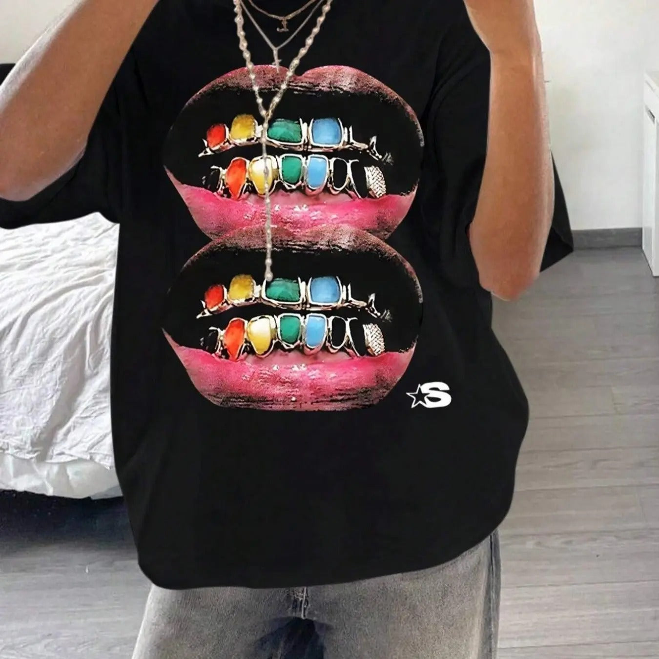 Women's Mouth Print Round Neck Tee, Fashion Casual Drop Shoulder Short Sleeve T-shirt, Ladies Summer Clothes for Daily...