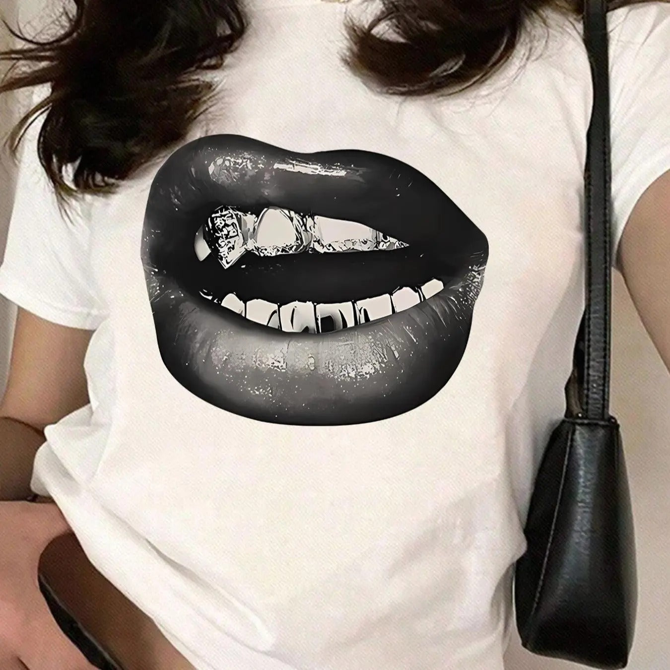 Women's Mouth Print Round Neck Tee, Fashion Casual Short Sleeve T-shirt, Ladies Summer Clothes for Daily Wear Hoodie,...