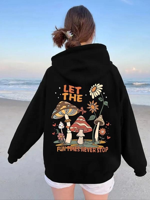 Women's Mushroom & Floral & Letter Print Drop Shoulder Hoodie, Fashion Casual Drawstring Pocket Hooded Sweatshirt for...