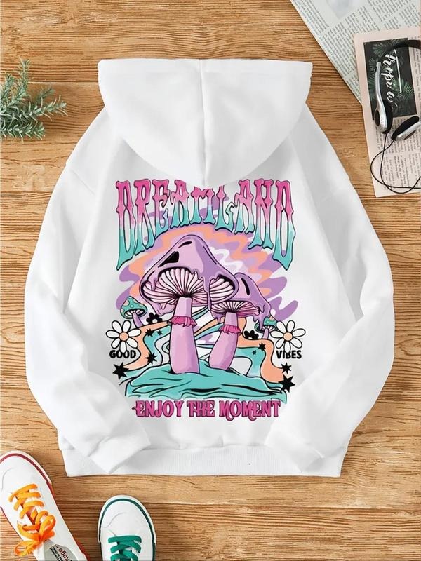 Women's Mushroom & Letter Print Drawstring Pocket Hoodie, 2024 New Style Fashion Casual Hooded Sweatshirt for Daily...
