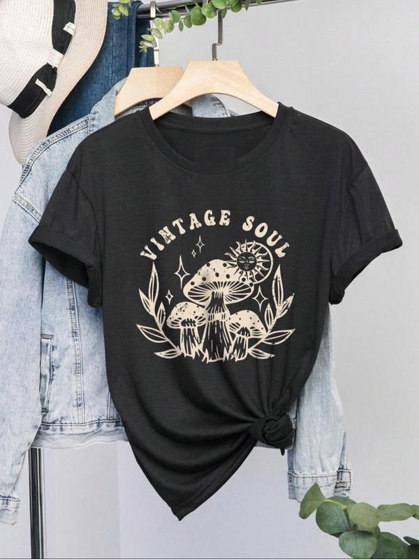 Women's Mushroom & Letter Print Round Neck Tee, Vintage Trendy Casual Short Sleeve T-shirt for Daily Wear, Ladies Summer...