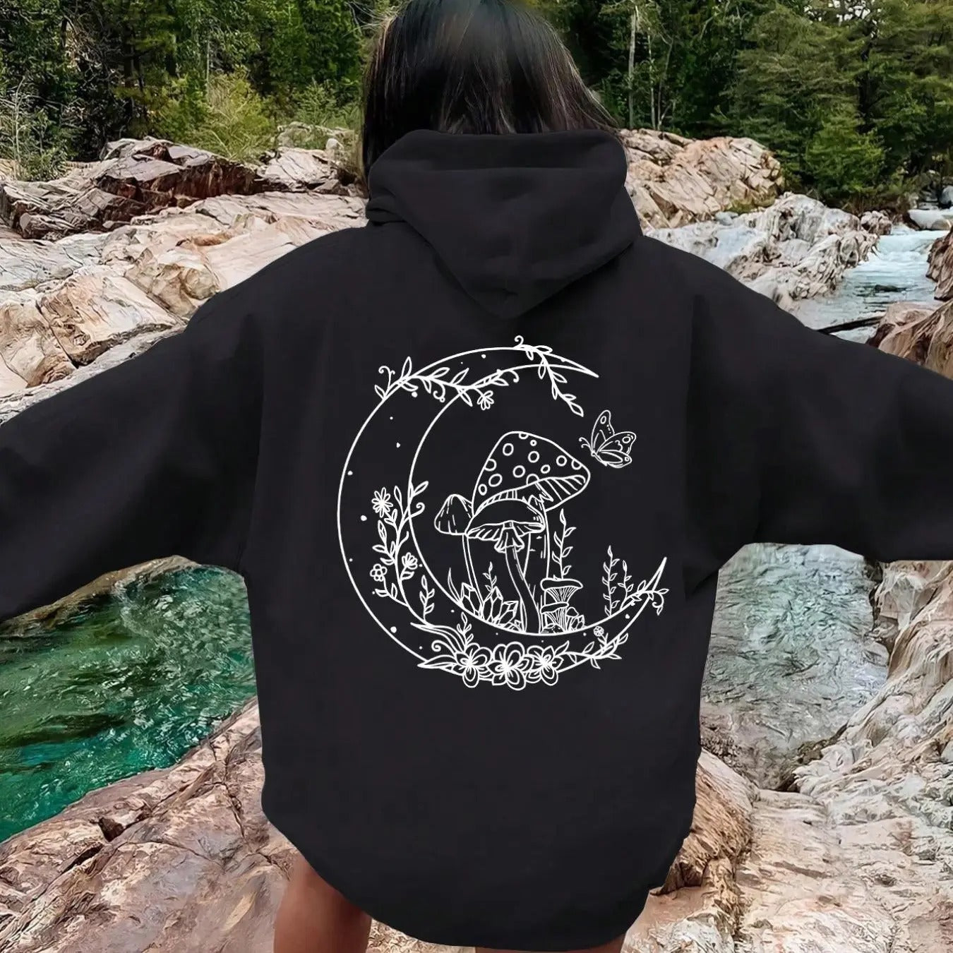 Women's Mushroom & Moon Print Drop Shoulder Hoodie, Fashion Casual Drawstring Pocket Hooded Sweatshirt for Daily Holiday...