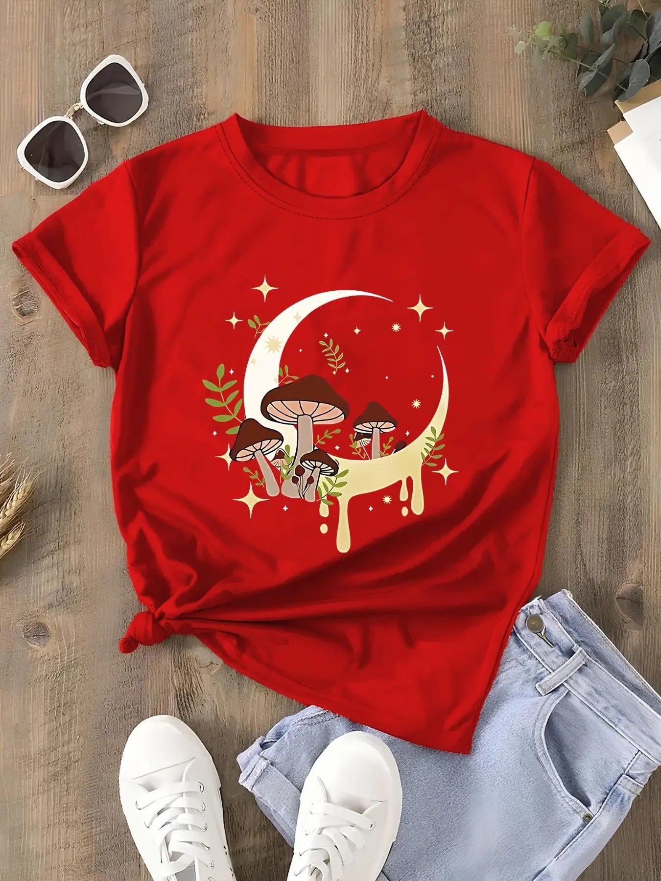 Women's Mushroom & Moon Print Round Neck Tee, Vintage Trendy Casual Short Sleeve T-shirt for Daily Wear, Ladies All...