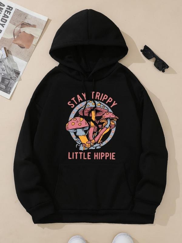 Women's Mushroom Print Drop Shoulder Hoodie, Fashion Casual Drawstring Pocket Hooded Sweatshirt for Daily Holiday Outdoor...