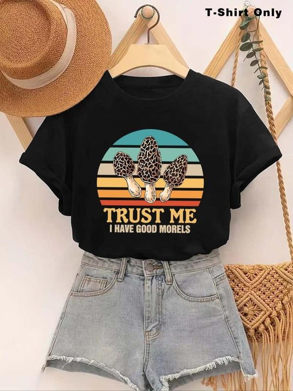 Women's Mushroom Print Round Neck Tee, Casual Letter Print Short Sleeve T-shirt, Ladies Summer Outfit Hoodie, Sweatshirt